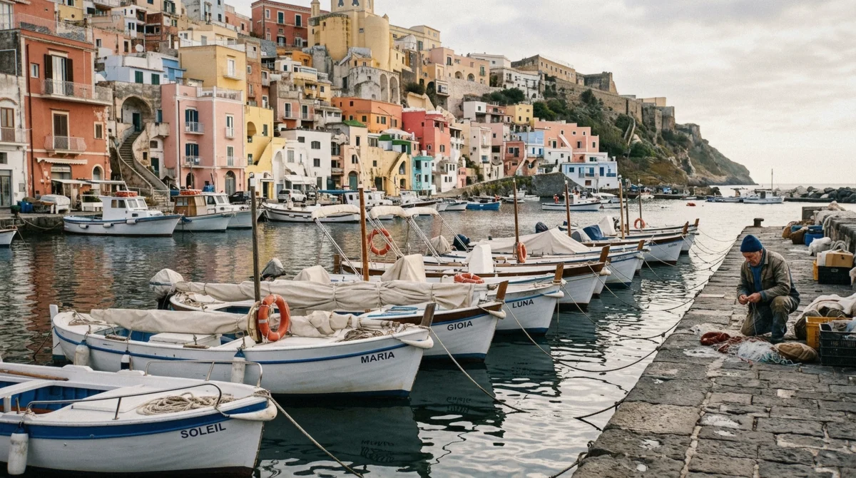 Small white day boats moored in an Ischia harbor, the entry point of every Ischia boat trip cost calculation, Campania, Italy